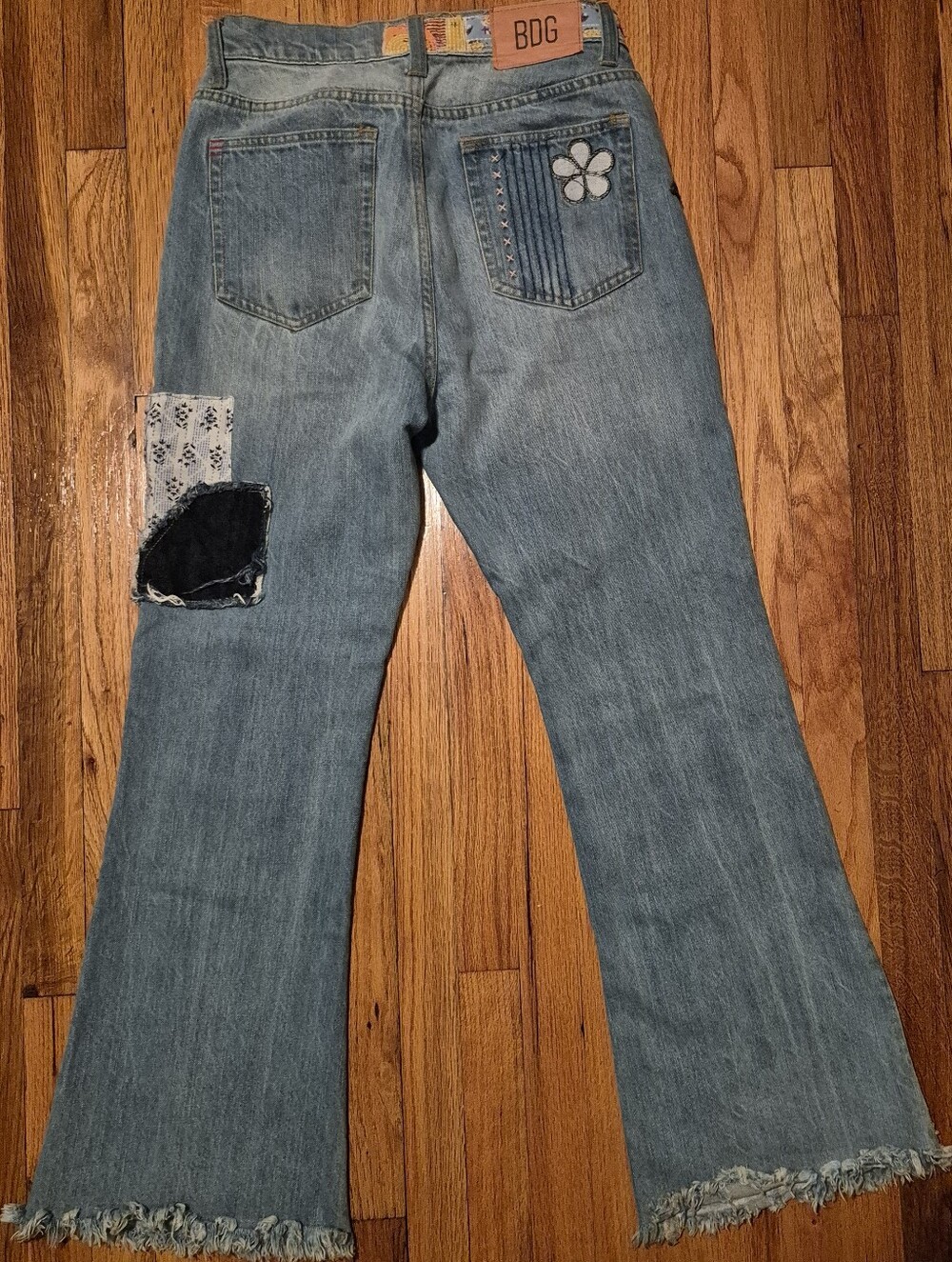 BDG Faded Patchwork Jeans High Rise Cropped Flare Raw Hem Floral & Smiley Patch - Picture 2 of 14